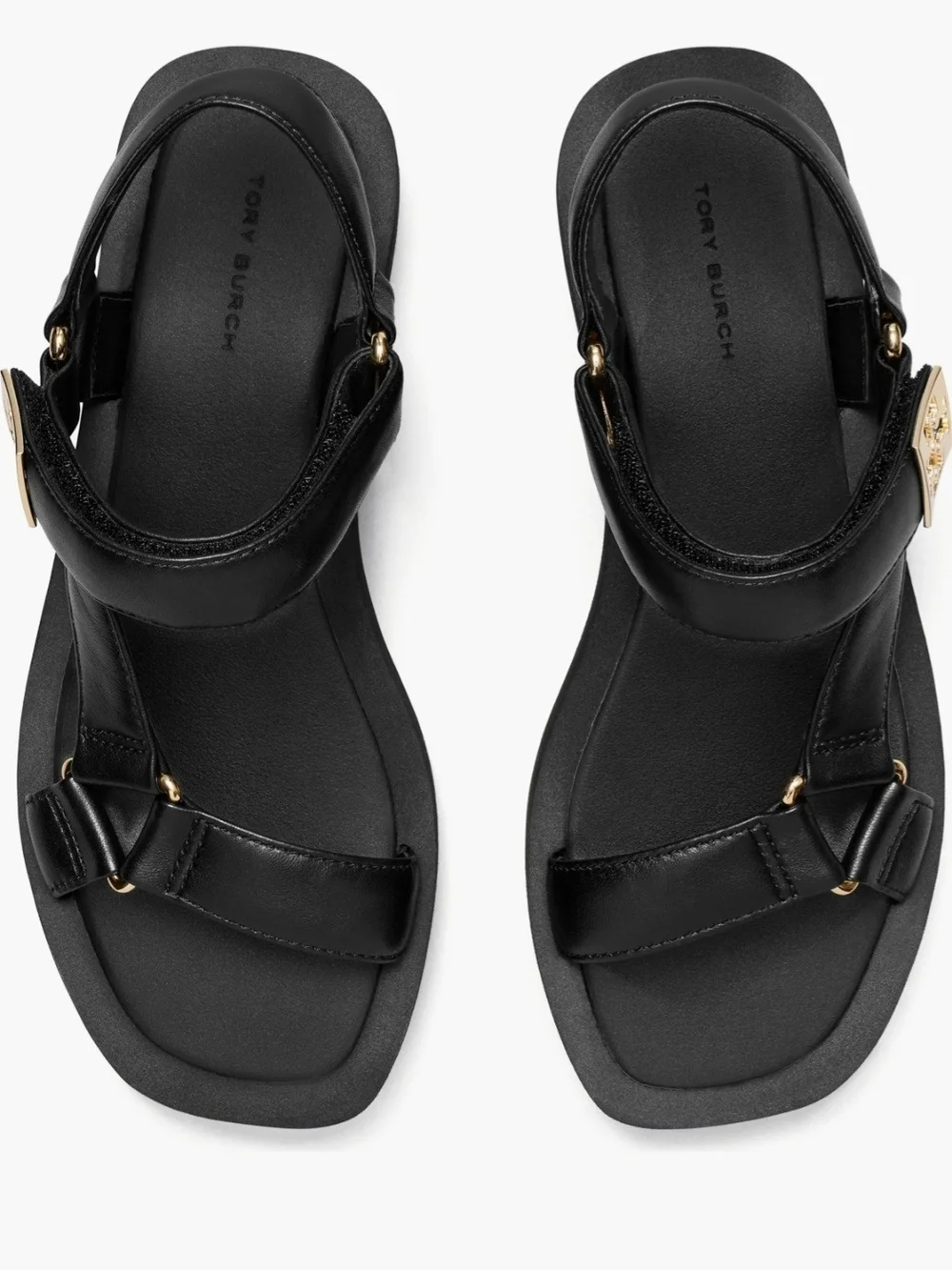 Tory Burch Black Leather Platform Sandals with Gold Logo Accent